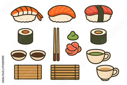Traditional Japanese sushi and sashimi set with maki rolls, condiments, chopsticks, and tea cups