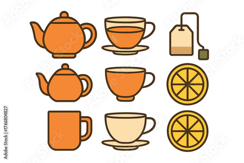 Collection of hot tea and coffee beverage icons including teapots cups saucers and lemon