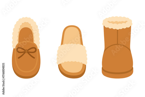 Collection of warm brown winter footwear including moccasin slippers, slide sandals, and short boots with fur lining