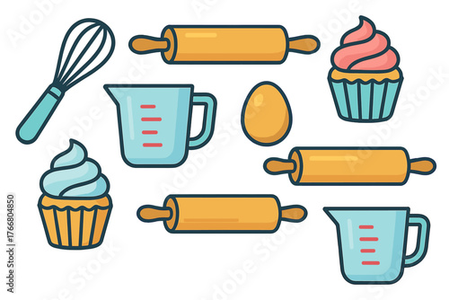 Essential kitchen baking supplies set including whisks rolling pins measuring cups eggs and sweet cupcakes
