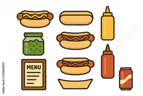 Classic street food set with hot dogs, buns, mustard, ketchup, relish, and soda can
