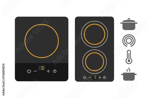 Modern black induction cooktop panels with glowing orange rings and digital touch controls