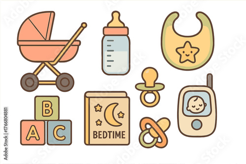 Essential baby care items and newborn accessories collection in pastel colors