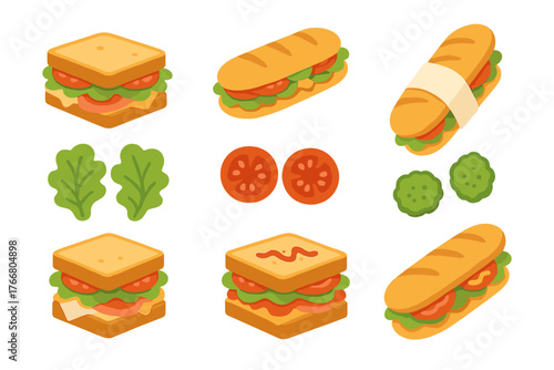 Isometric set of various sandwiches and sub rolls featuring fresh ingredients like tomato, lettuce, and cheese