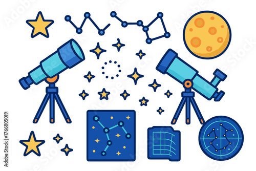 Collection of astronomical objects, telescopes, constellations, and night sky observation equipment