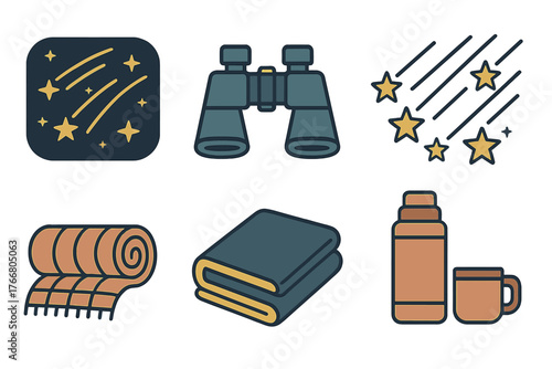 Essential icons set for outdoor camping and stargazing activities including binoculars, blankets, and thermos flask