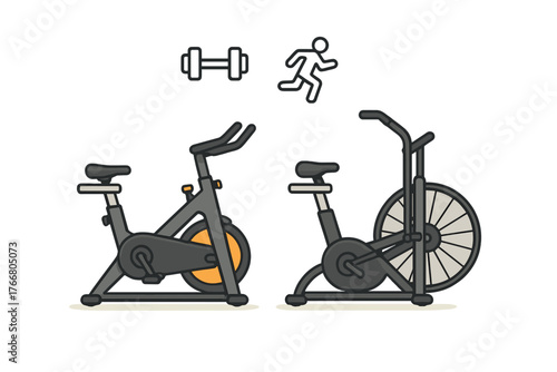 Indoor cycling equipment set featuring two stationary exercise bikes and fitness icons for gym workout concepts