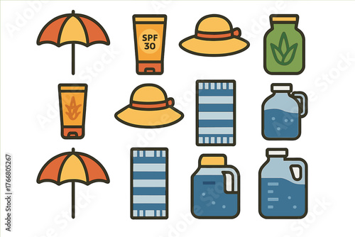 Essential summer items set with sun hats sunscreen umbrellas towels and water jugs