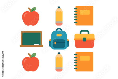 Colorful set of school supplies and education icons: backpack, apple, pencil, notebook, chalkboard