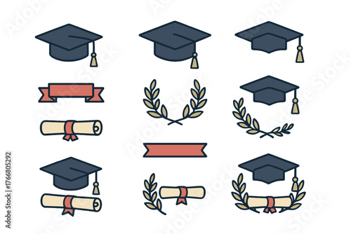 Set of academic and graduation symbols including mortarboards, diplomas, laurel wreaths, and ribbon banners