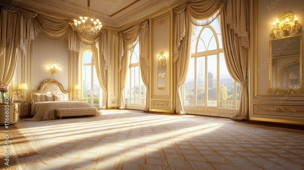 Obraz premium Elegant bedroom with soft morning light illuminating the delicate design elements and luxurious décor, featuring high ceilings and intricate details