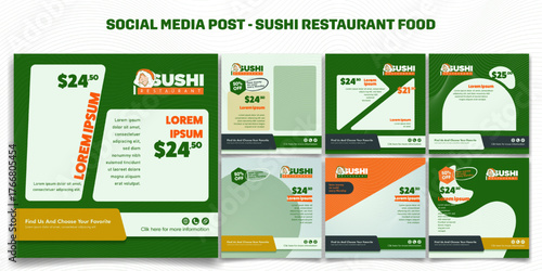 Set of social media post template with price list design for sushi restaurant in green background