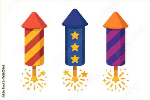 Colorful set of three firework rockets with sparking fuses for festive celebration