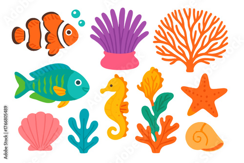 Colorful cartoon set of tropical fish, seahorse, starfish, and coral reef elements