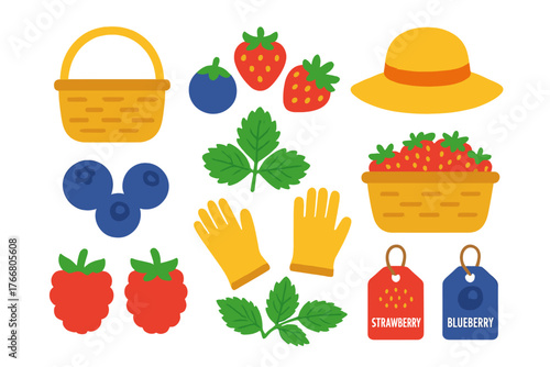 Ripe summer berries, picking baskets, gardening gloves, and a straw sun hat