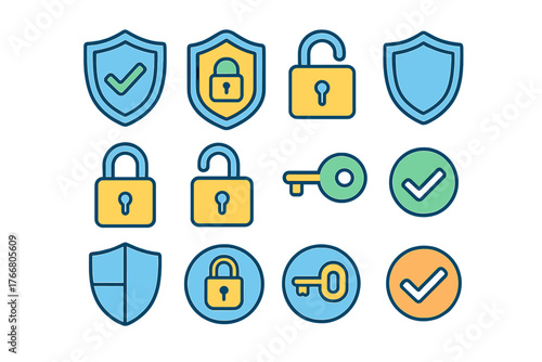 Digital security and data protection symbols featuring shields, padlocks, keys, and checkmarks