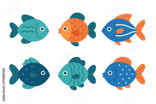 Six brightly colored stylized tropical fish icons in various shapes and patterns