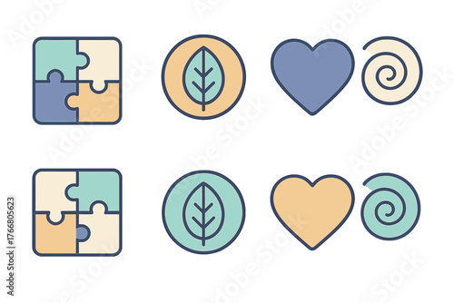 Simple symbols featuring puzzle pieces, organic leaf, heart shape, and abstract spiral