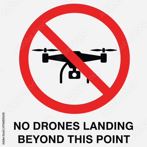 Vector illustration of a no drone zone warning sign, featuring a red prohibition symbol over a quadcopter icon with text
