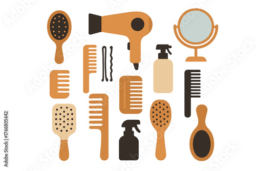 Professional hair care and styling accessories set including brushes, combs, mirror, and hairdryer