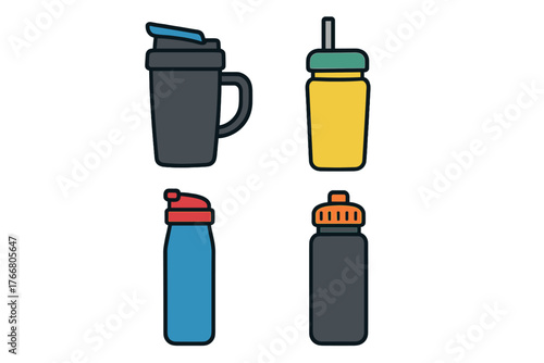 Colorful reusable sports water bottles and protein shaker cups for fitness and hydration