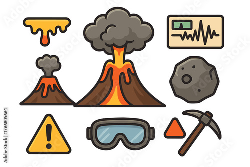 Collection of volcano eruption, geology, and seismology symbols and exploration equipment