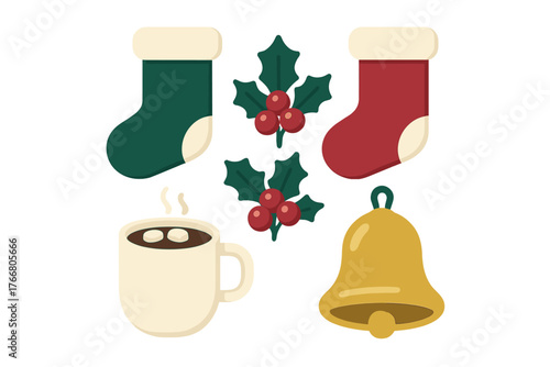 Christmas holiday symbols set featuring stockings, holly, hot cocoa, and a golden bell