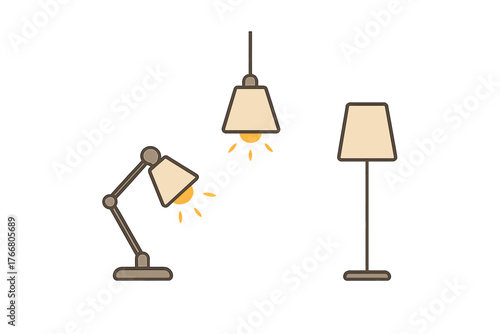 Modern interior lighting fixtures collection featuring desk lamp, hanging ceiling light, and standing floor lamp