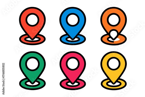 Six brightly colored map pointer icons showing different location markers for global positioning