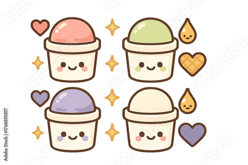 Set of four colorful kawaii ice cream cups with smiling faces and decorative elements