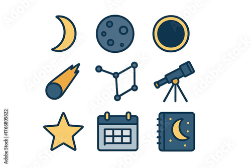 Astronomy and space exploration symbols showing moon phases, telescope, and constellations