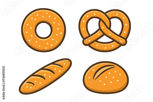 Collection of popular baked goods icons featuring bagel pretzel baguette and round bread loaf