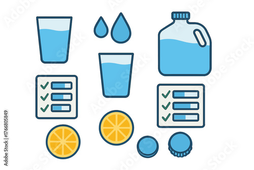 Daily hydration tracking icon set with water glasses, drops, gallon jug, progress checklists, and citrus slices