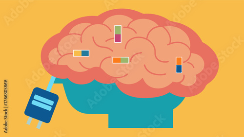 A brain with memory cards being inserted into it symbolizing the idea of feeding the brain with exercises to keep it healthy and sharp.. Vector illustration