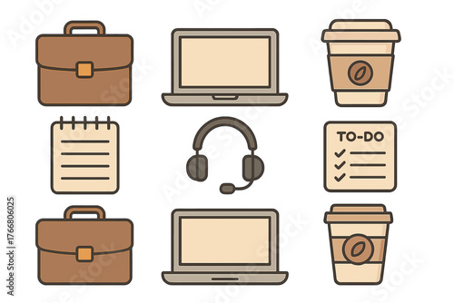 Set of essential symbols for business and remote work including laptop, briefcase, coffee cup, and headset