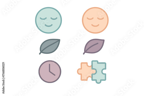 Soft pastel symbols representing mental health, nature, time, and problem solving