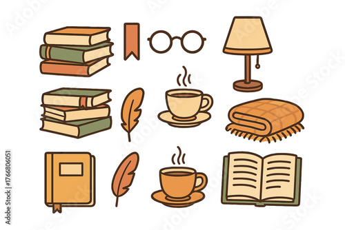 Cozy reading and study objects including books, hot drinks, glasses, and a warm blanket