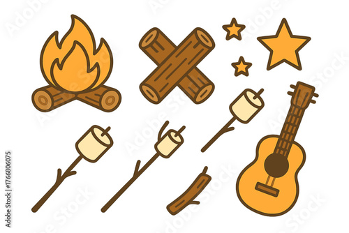 Campfire, logs, marshmallows, guitar, and stars set for outdoor camping and summer activities