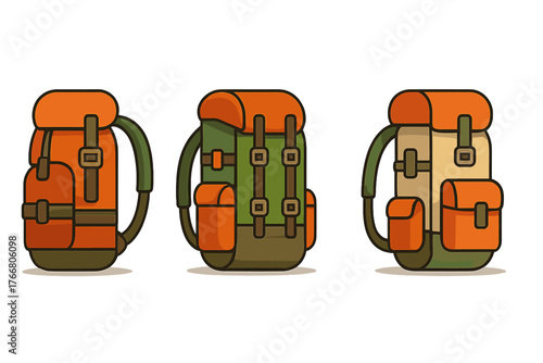 Three colorful vintage style camping and trekking rucksacks for outdoor adventure
