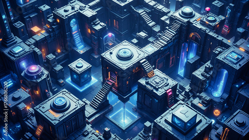 Futuristic City with Neon Lights at Night