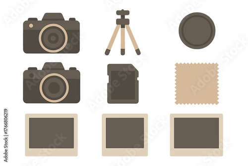 Essential photography equipment set including camera, tripod, memory card, and instant photos