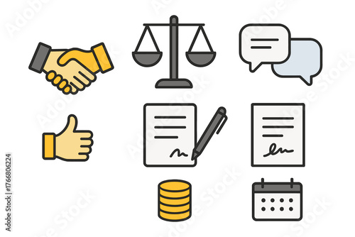 Set of business agreement and legal concept icons featuring handshake, justice scales, contract, and communication