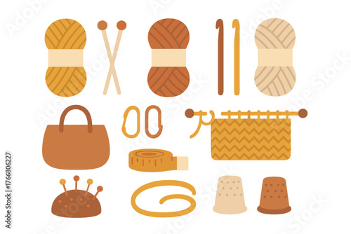 Knitting and sewing tools collection with yarn, needles, hooks, and thimbles