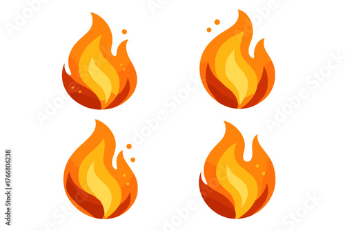 Four vibrant stylized fire icons representing heat energy and combustion symbols