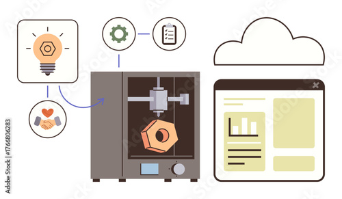 3D printer producing polygonal object, cloud interface, light bulb for ideas, gear, checklist for planning. Ideal for manufacturing, innovation, technology, creativity research design simple flat