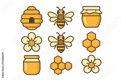 Flat design symbols for honey production, beekeeping, bees, honeycomb, hive, and jars of sweet liquid