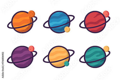 Stylized colorful fantasy planets with prominent rings and orbiting moons