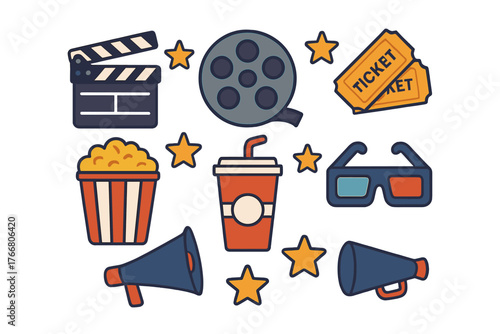 Set of cinema and movie production icons featuring popcorn, tickets, film reel, and clapperboard symbols