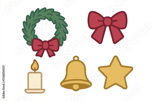 Festive Christmas holiday decoration elements including wreath red ribbon bow lit candle golden bell and star