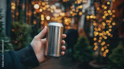 Fototapeta Naklejka Na Ścianę i Meble -  Person holding cold metal beverage can in hand with blurry warm bokeh lights in city street at evening
